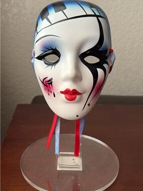 Decorative Painted Ceramic Musical Mask - White with Red & Blue Accents